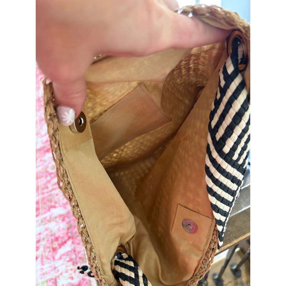Woven Straw Tote Bag Tan Brown Striped Knotted Strap Boho Beach Shoulder Bag - Picture 2 of 6
